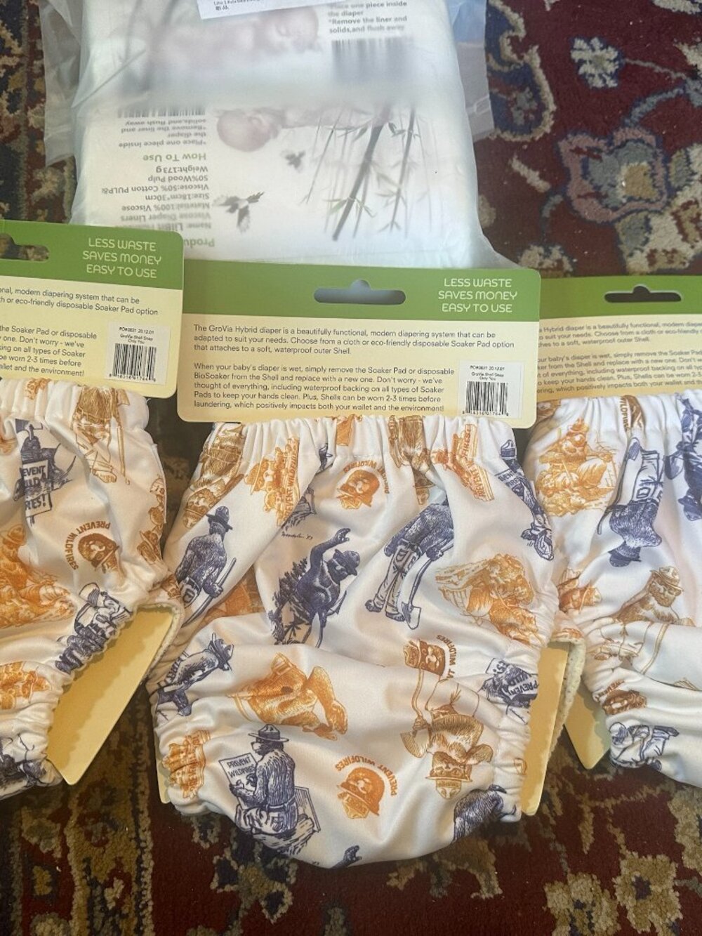 NWT GroVia Smokey Bear Cloth Diaper Covers 3 Pack + Liners